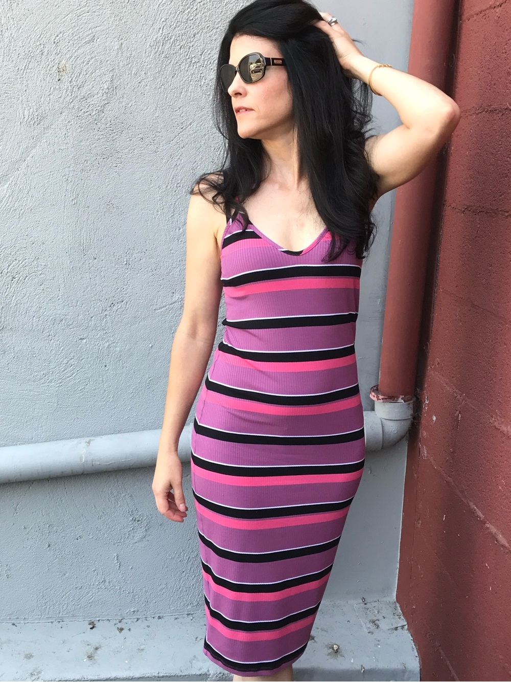 EXPRESS Pink and Purple Striped Ribbed Bodycon Spaghetti Strap Midi Dress